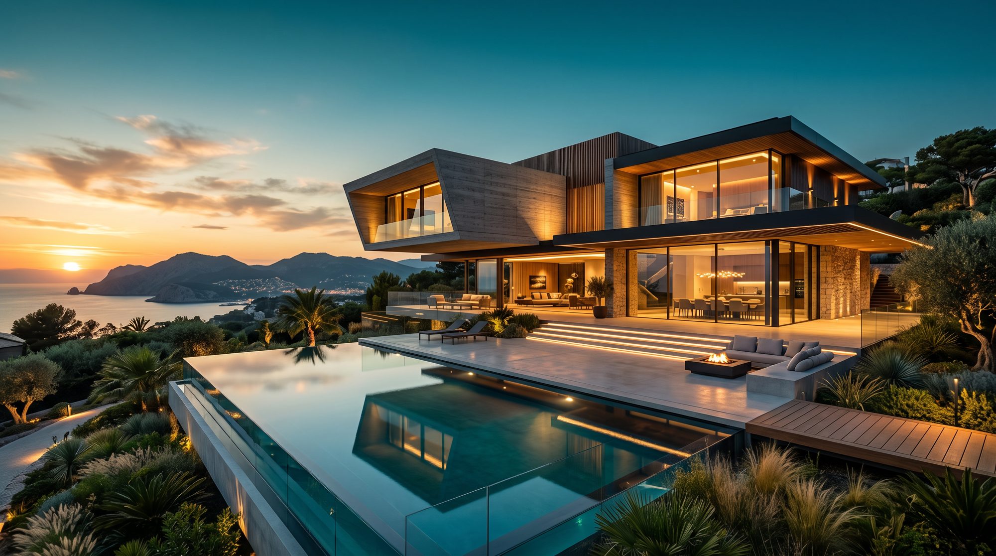 Villa contemporânea ao entardecer